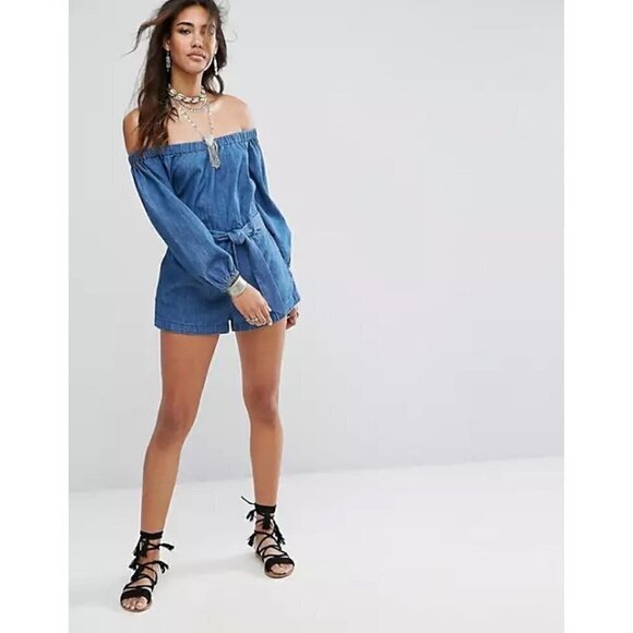 Free People denim off the shoulder Romper - Picture 1 of 9